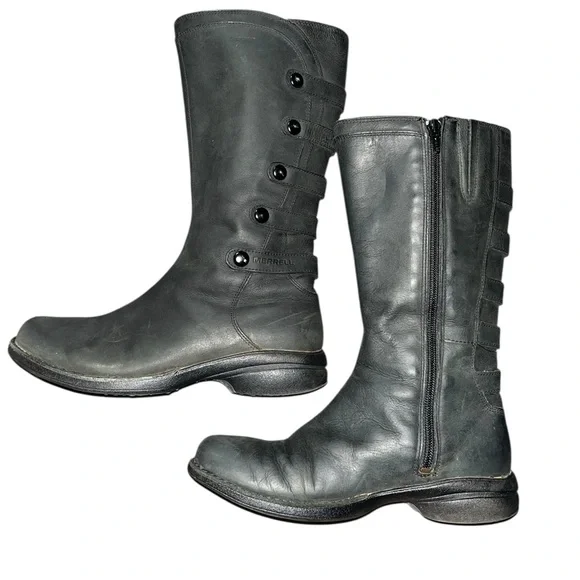 MERRELL Tetra Launch WP Leather Side Zip Boots Moto Black Mid Calf Size 6 - Picture 2 of 7